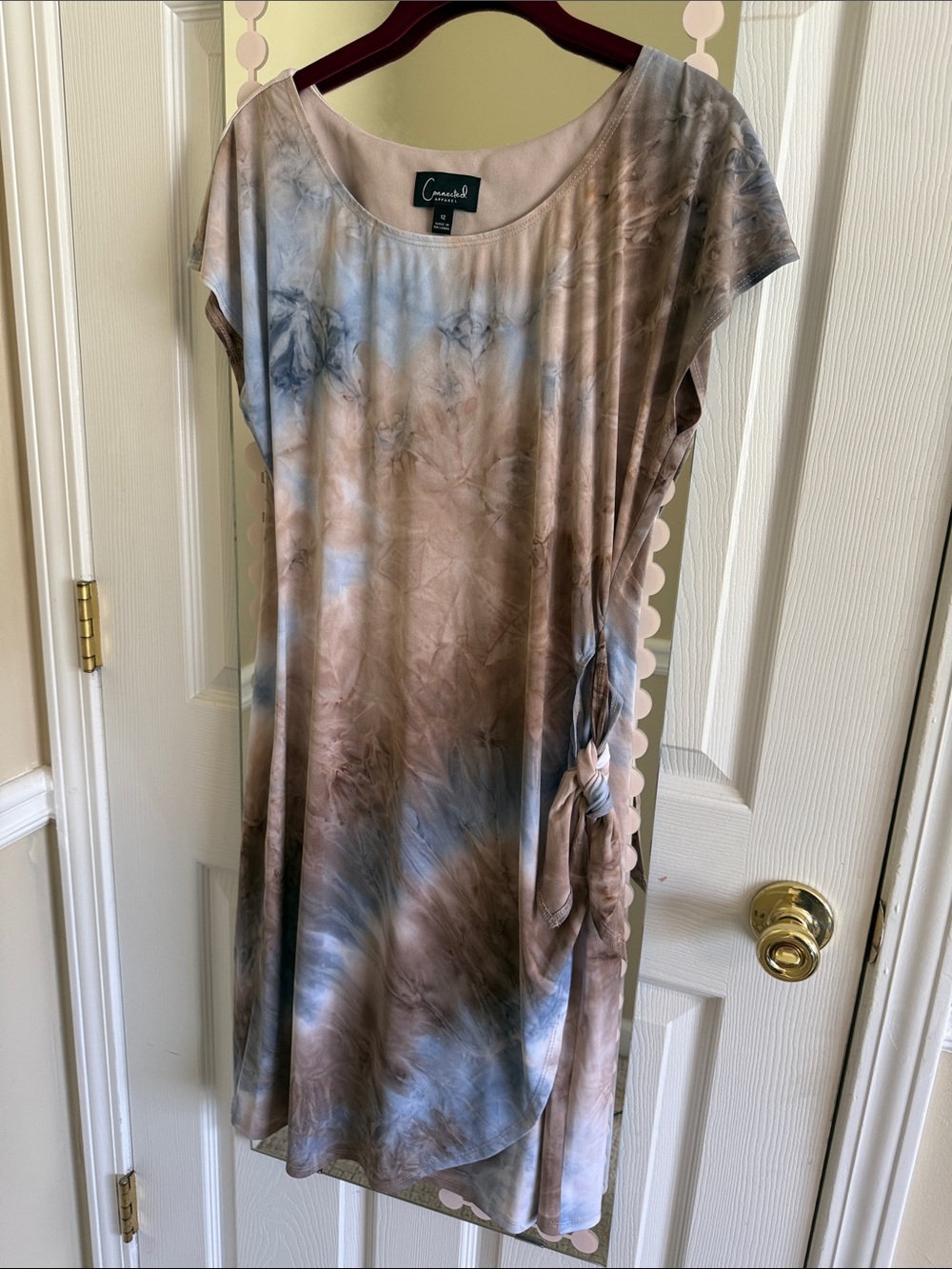 Connected Apparel Tie-Dye Short Sleeve Dress - Blue & Taupe